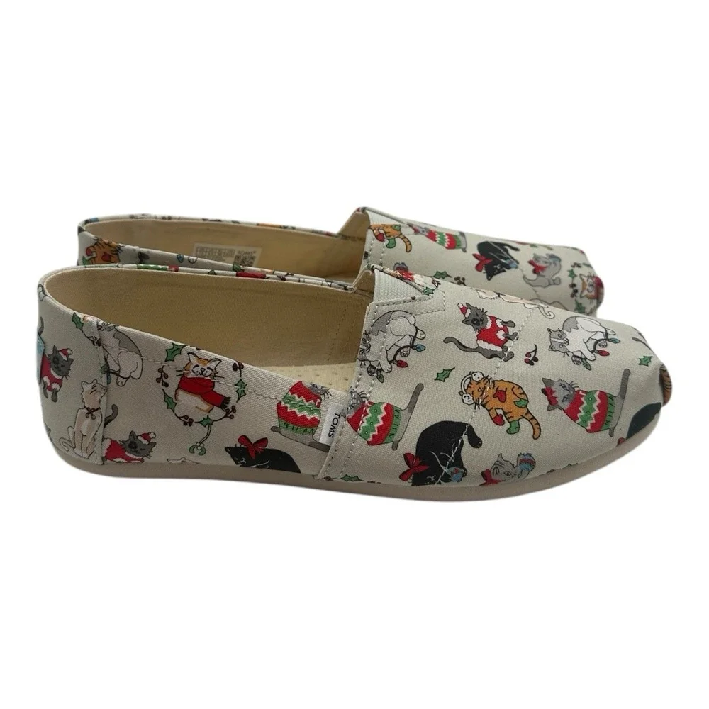 Toms Belmont Christmas Cats Shoes Womens 7.5 Gray Holiday‎ Slip On Shoes